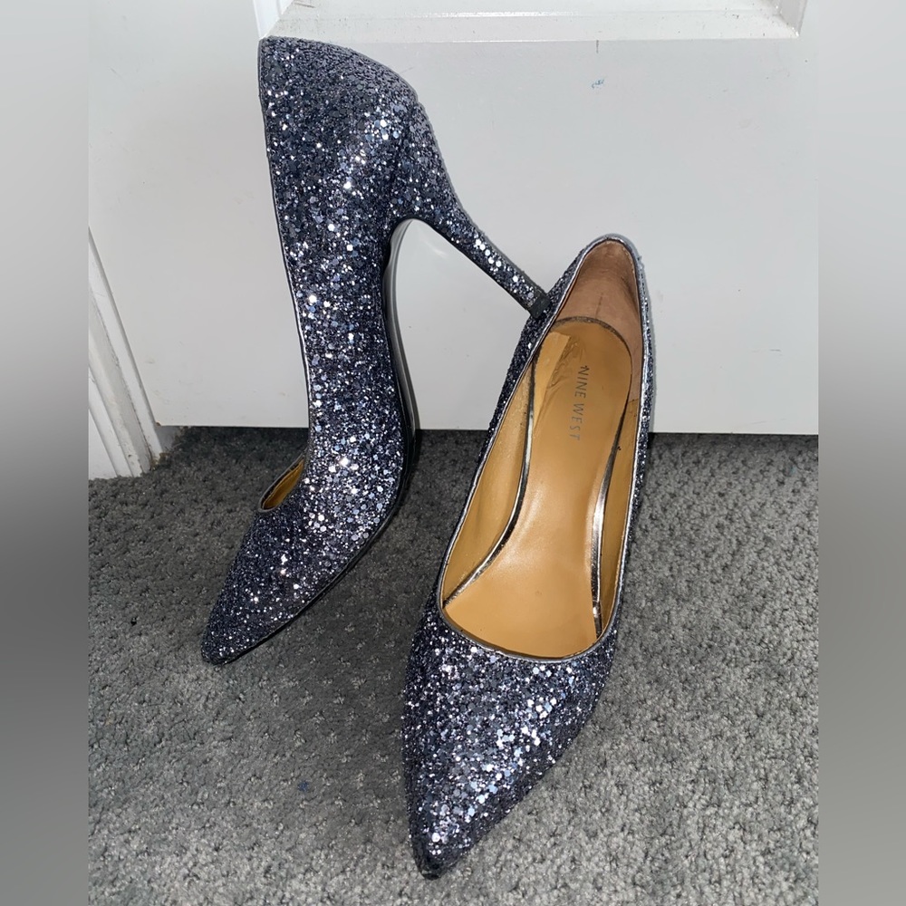 Nine West Silver Glitter Heel, Pointed Toe